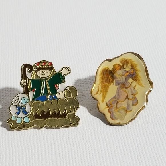Two lapel pins angel w/ dove Baby Jesus w/ shepherd boy 1" - Picture 2 of 9